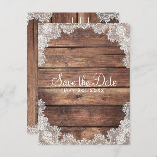 Rustikales Barholz Romantische Spitze Save the Dat Ankündigungspostkarte (Vorne/Hinten)