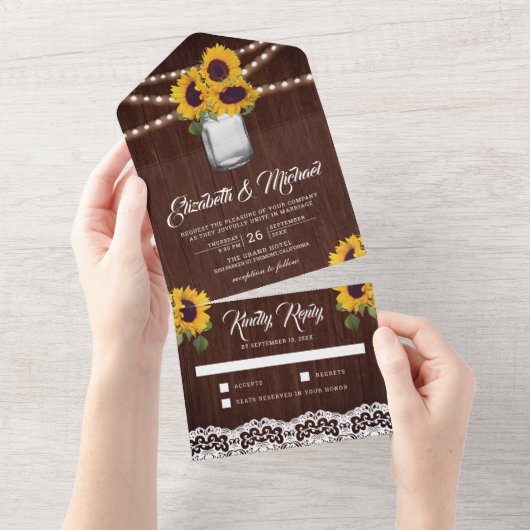 Rustikales Barholz Spitzen Sonnenblumen Mason Jar  All In One Einladung (Abreißen)