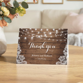 Rustikales Barholz Twinkle Lights Lace Dankeskarte