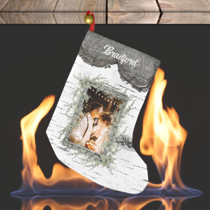 Rustikales Bark Wood Heart Family Foto Eucalyptus Kleiner Weihnachtsstrumpf
