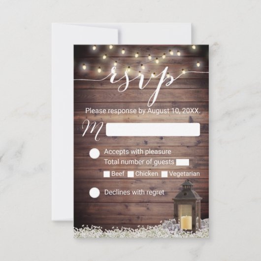 Rustikales Barn Lantern String Lights Wedding RSVP Karte (Vorderseite)