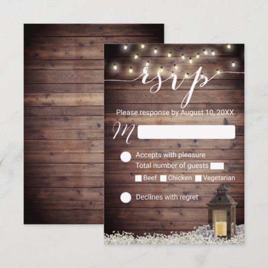 Rustikales Barn Lantern String Lights Wedding RSVP Karte (Vorne/Hinten)
