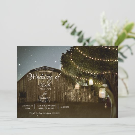 Rustikales Barn & Tree Lights Country Jars Wedding Einladung (Stehend Vorderseite)