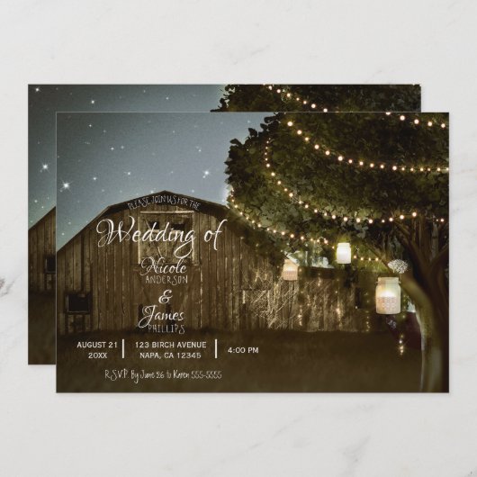 Rustikales Barn & Tree Lights Country Jars Wedding Einladung (Vorne/Hinten)