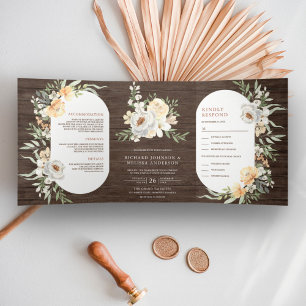 Rustikales Barn Wood Boho Earthy Peach Floral Wedd Dreifach Gefaltete Einladung