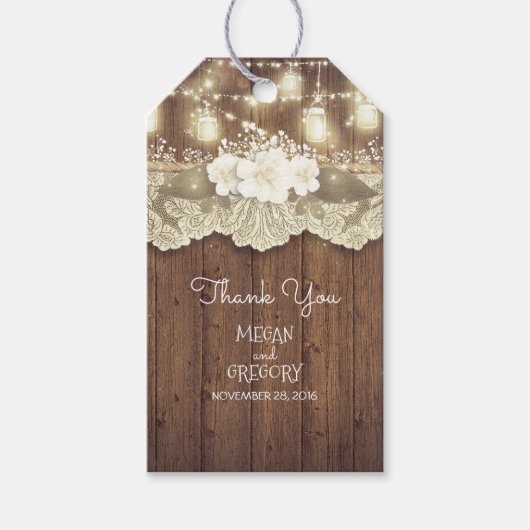 Rustikales Barn Wood Lace Mason Jar Lights Wedding Geschenkanhänger (Vorderseite)