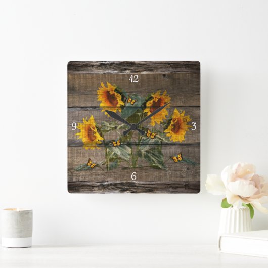 Rustikales Barnboard Sonnenblumen Schmetterlinge Quadratische Wanduhr (Zuhause)