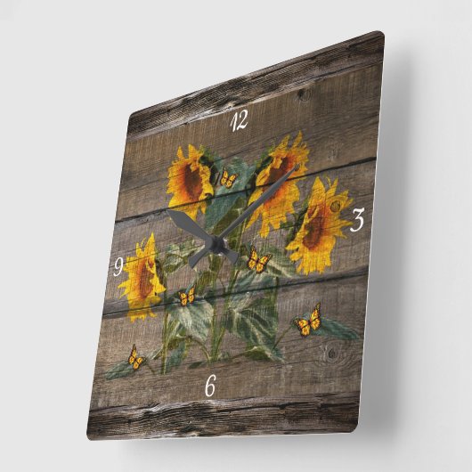 Rustikales Barnboard Sonnenblumen Schmetterlinge Quadratische Wanduhr (Winkel)