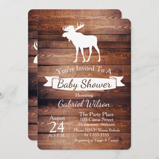 Rustikales Barnholz & Elch Antler Babydusche Einladung (Vorne/Hinten)