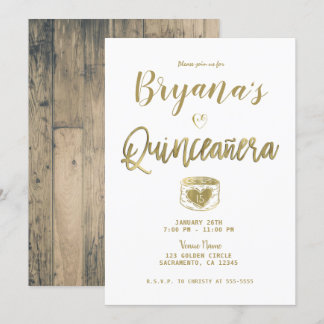 Rustikales Barnholz Gold Weißer Chic Quinceañera 1 Einladung