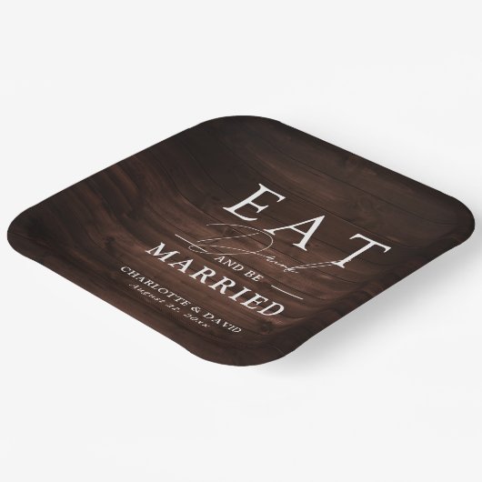 Rustikales Barnholz isst Drinks und sei Verheirate Pappteller (Gewinkelt)