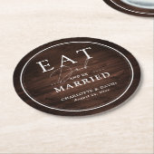 Rustikales Barnholz isst Drinks und sei Verheirate Runder Pappuntersetzer (Angewinkelt)