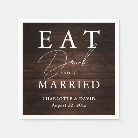 Rustikales Barnholz isst Drinks und sei Verheirate Serviette (Vorderseite)