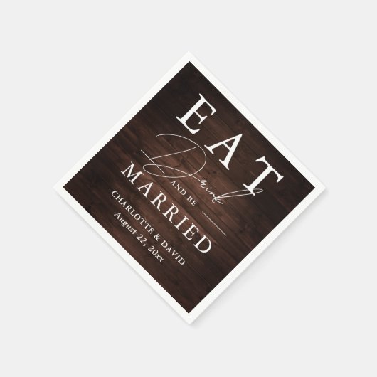 Rustikales Barnholz isst Drinks und sei Verheirate Serviette (Ecke)