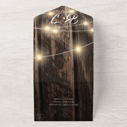 Rustikales Barnholz mit Streichellichter Hochzeit All In One Einladung (Außenbereich)
