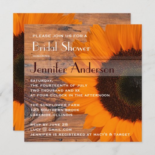 Rustikales Barnholz Sonnenblumen Brautparty Einladung (Vorne/Hinten)