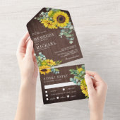 Rustikales Barnholz Sonnenblumen und Eukalyptus We All In One Einladung (Abreißen)