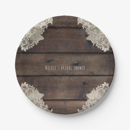 Rustikales Barnholz & Spitzen Romantische Hochzeit Pappteller (Vorderseite)