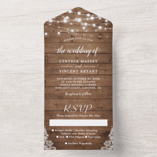 Rustikales Barnholz Twinkle Lights Hochzeit All In One Einladung (Innen Boden)