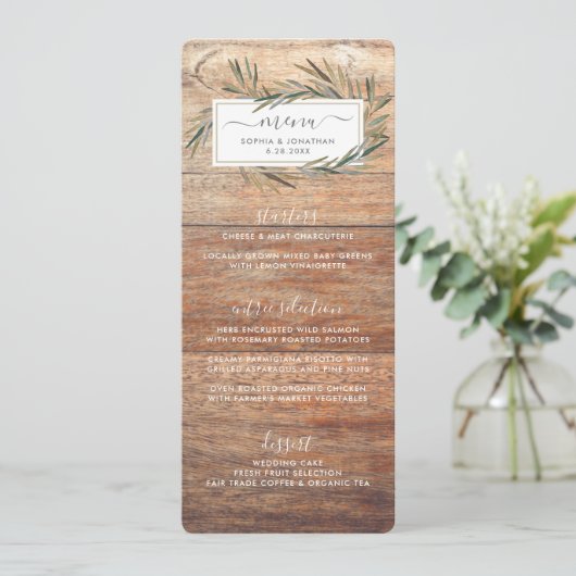 Rustikales Barnwood Botanical Herb Wedding Menu Menükarte (Stehend Vorderseite)