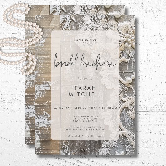 Rustikales Barnwood & Bridal Lace Bridal Luncheon Einladung