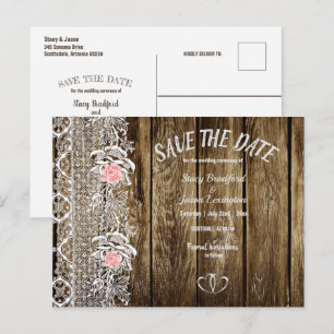 Rustikales Barnwood & Lace Save the Date Hochzeit Postkarte