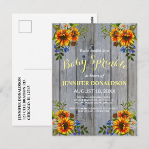 Rustikales Barnwood Sonnenblume Baby Einladung Postkarte