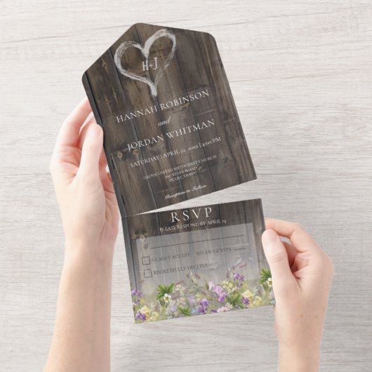 Rustikales Barnwood & Wildblumen Kein Abendessen All In One Einladung (Abreißen)