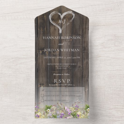 Rustikales Barnwood & Wildblumen Kein Abendessen All In One Einladung (Innen Boden)