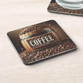 Rustikales Barrel Kaffeebohnen mit künstlerischem Getränkeuntersetzer (Linke Seite)