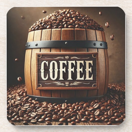 Rustikales Barrel Kaffeebohnen mit künstlerischem Getränkeuntersetzer (Vorderseite)