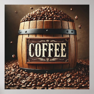 Rustikales Barrel Kaffeebohnen mit künstlerischem  Poster