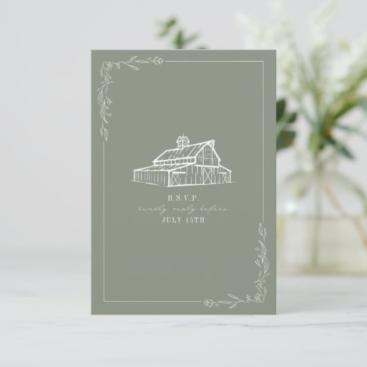 Rustikales Bartsage Green Wedding RSVP (Stehend Vorderseite)