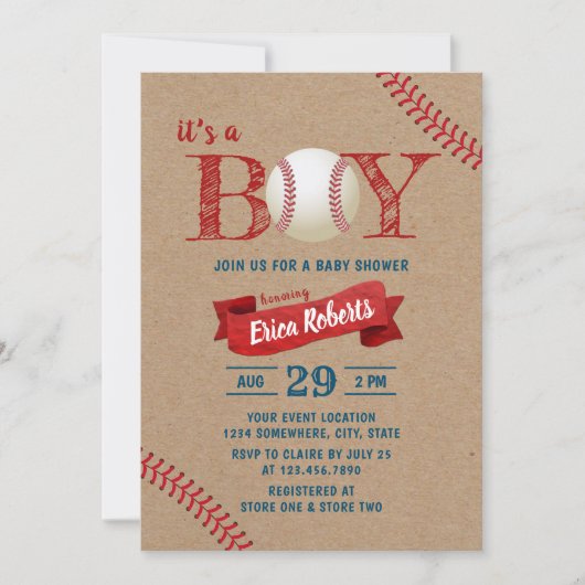 Rustikales Baseball Boy Sports Theme Kraft Baby Du Einladung (Vorderseite)