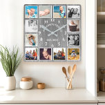 Rustikales Bauernhaus aus grauem Barnholz 12 FotoC Quadratische Wanduhr<br><div class="desc">Rustikales Grauholz Bauernhaus 12 Foto Collage Square Wall Clock. Große schöne rustikale weiße Scheune Vintages Holz personalisierten Familiennamen Jahr etablierte Wand Dekoration Uhr. Die perfekte Holzbank aus Holz für Zuhause oder Küche.</div>