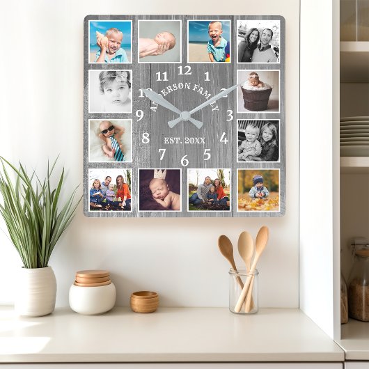 Rustikales Bauernhaus aus grauem Barnholz 12 FotoC Quadratische Wanduhr