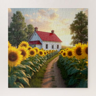 Rustikales Bauernhaus bei Sonnenaufgang Puzzle