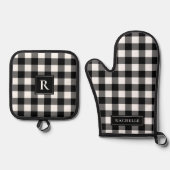 Rustikales Bauernhaus Black and White Gingham Ofenhandschuh & Topflappen-Set (Vorderseite)