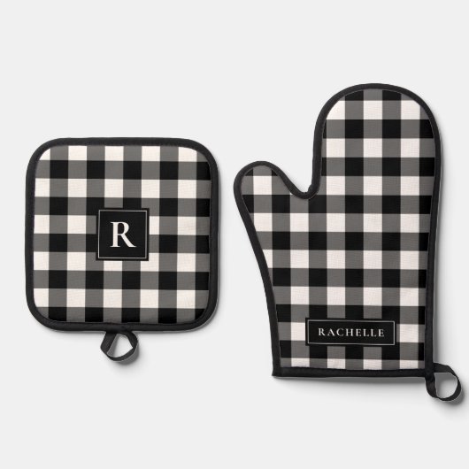 Rustikales Bauernhaus Black and White Gingham Ofenhandschuh & Topflappen-Set (Vorderseite)