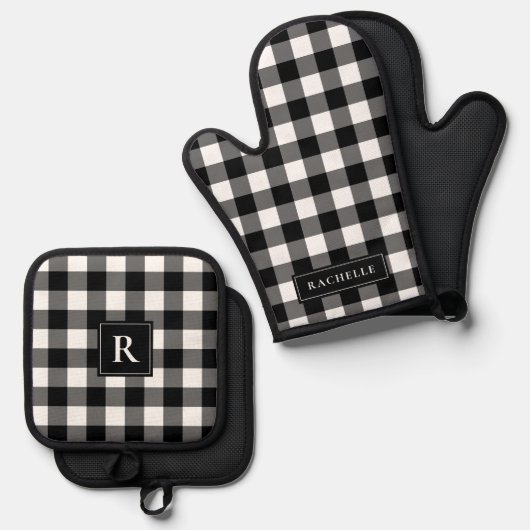 Rustikales Bauernhaus Black and White Gingham Ofenhandschuh & Topflappen-Set (Vorderseite/Rückseite)