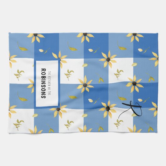 Rustikales Bauernhaus Blaugingham mit Monogramm Geschirrtuch (Horizontal)