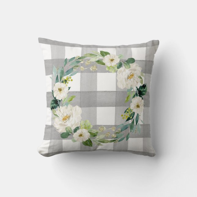 Rustikales Bauernhaus Buffalo Karo Hütte Grau flor Kissen (Vorderseite)