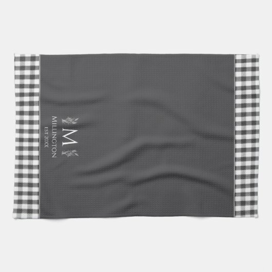 Rustikales Bauernhaus Custom Monogram Charcoal Gra Geschirrtuch (Horizontal)