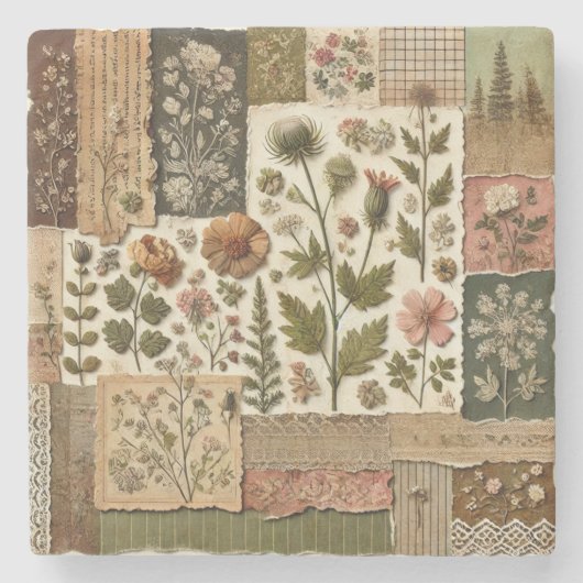 Rustikales Bauernhaus Grüne Patchwork-Wildblume Steinuntersetzer (Vorderseite)