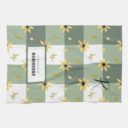 Rustikales Bauernhaus grüner Gingham floral mit Mo Geschirrtuch (Horizontal)