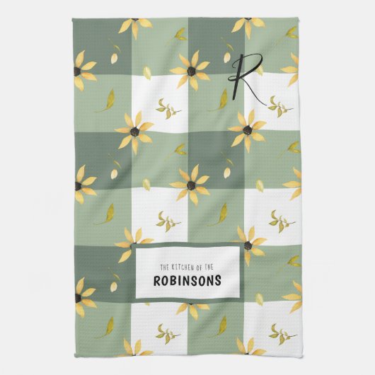 Rustikales Bauernhaus grüner Gingham floral mit Mo Geschirrtuch (Vertikal)