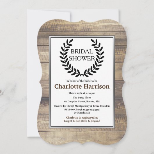 Rustikales Bauernhaus Holz Black Laurels Brautpart Einladung (Vorderseite)