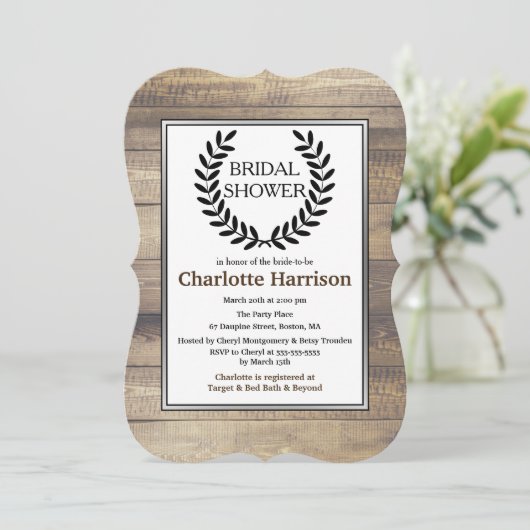 Rustikales Bauernhaus Holz Black Laurels Brautpart Einladung (Stehend Vorderseite)