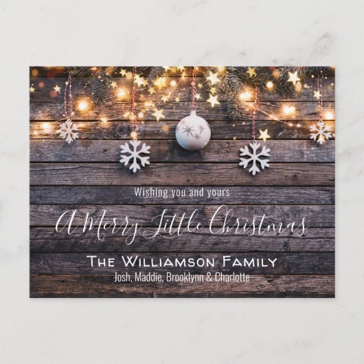 Rustikales Bauernhaus Holz & Sterne Weihnachtskart Einladungspostkarte (Vorderseite)