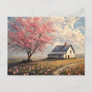 Rustikales Bauernhaus mit blühendem Baum Postkarte